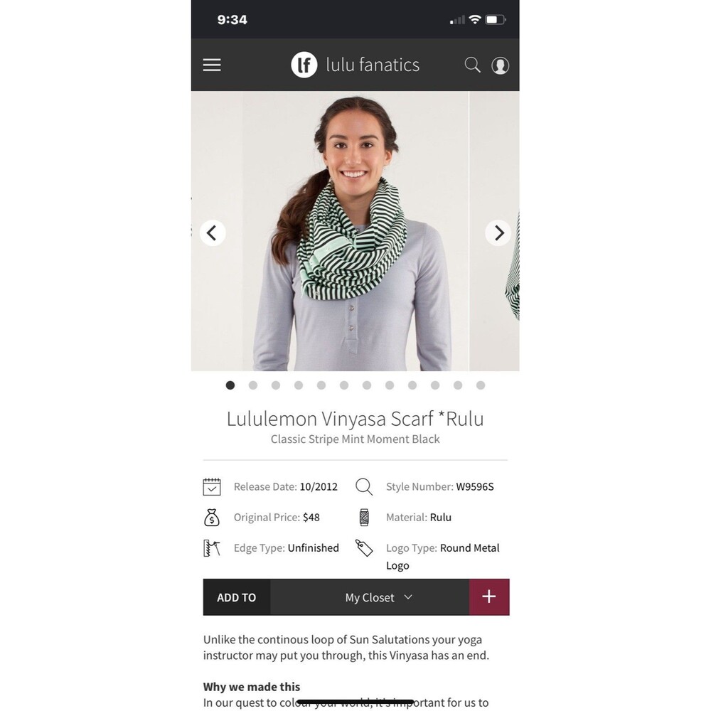 LULULEMON Vinyasa Scarf *Rulu Classic Stripe Mint Moment Black OS
